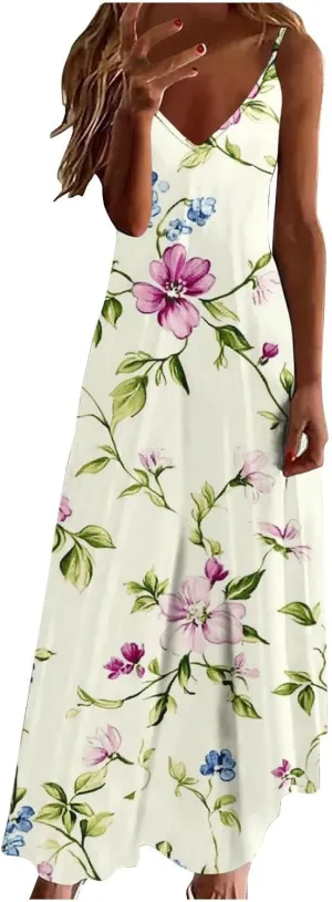 Sexy Dresses for Women V-Neck Spaghetti Strap Sleeveless Boho Sundress Summer Ruched Maxi Wedding Guest Dress