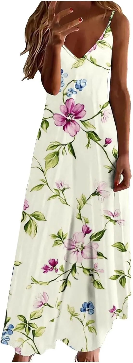 Sexy Dresses for Women V-Neck Spaghetti Strap Sleeveless Boho Sundress Summer Ruched Maxi Wedding Guest Dress