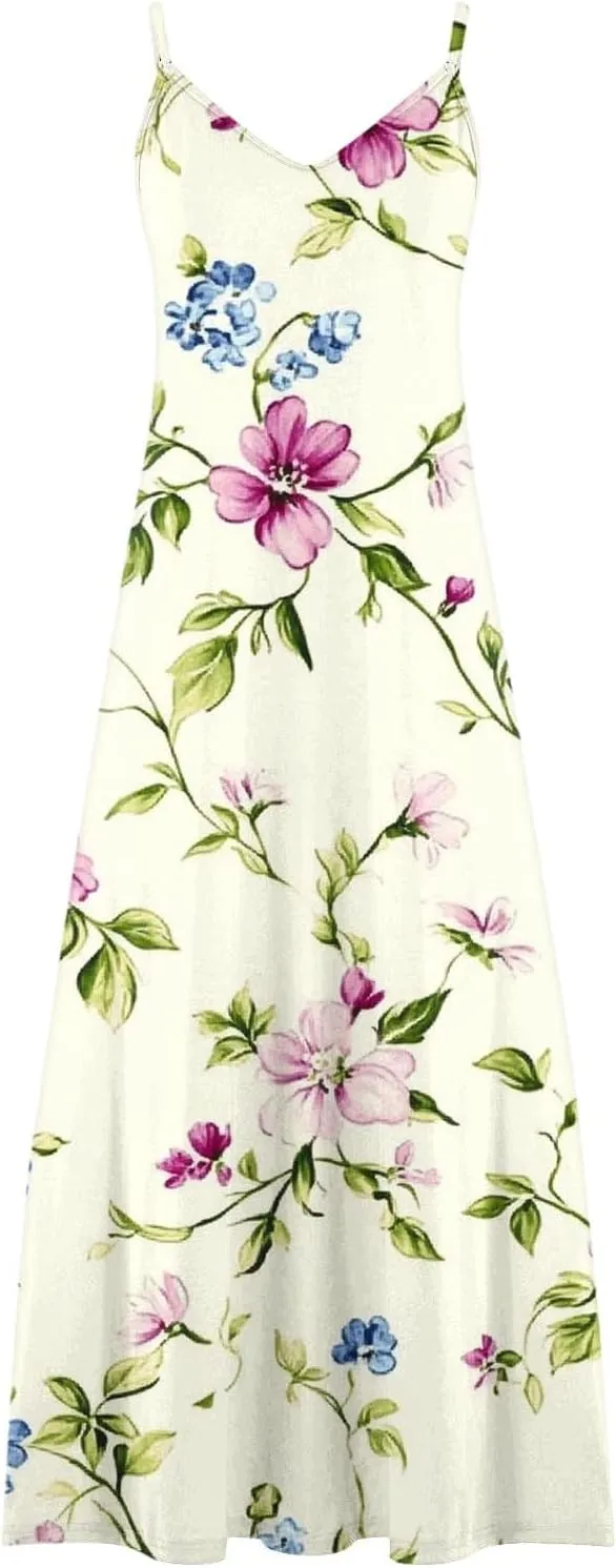 Sexy Dresses for Women V-Neck Spaghetti Strap Sleeveless Boho Sundress Summer Ruched Maxi Wedding Guest Dress