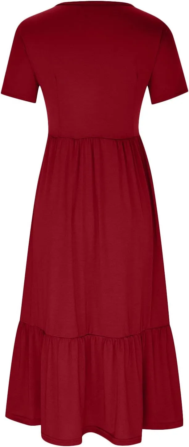 Short Sleeve Shirt Dresses for Women Dressy 2023 Casual Loose Ruffle Flowy Maxi Long Dress with Pockets
