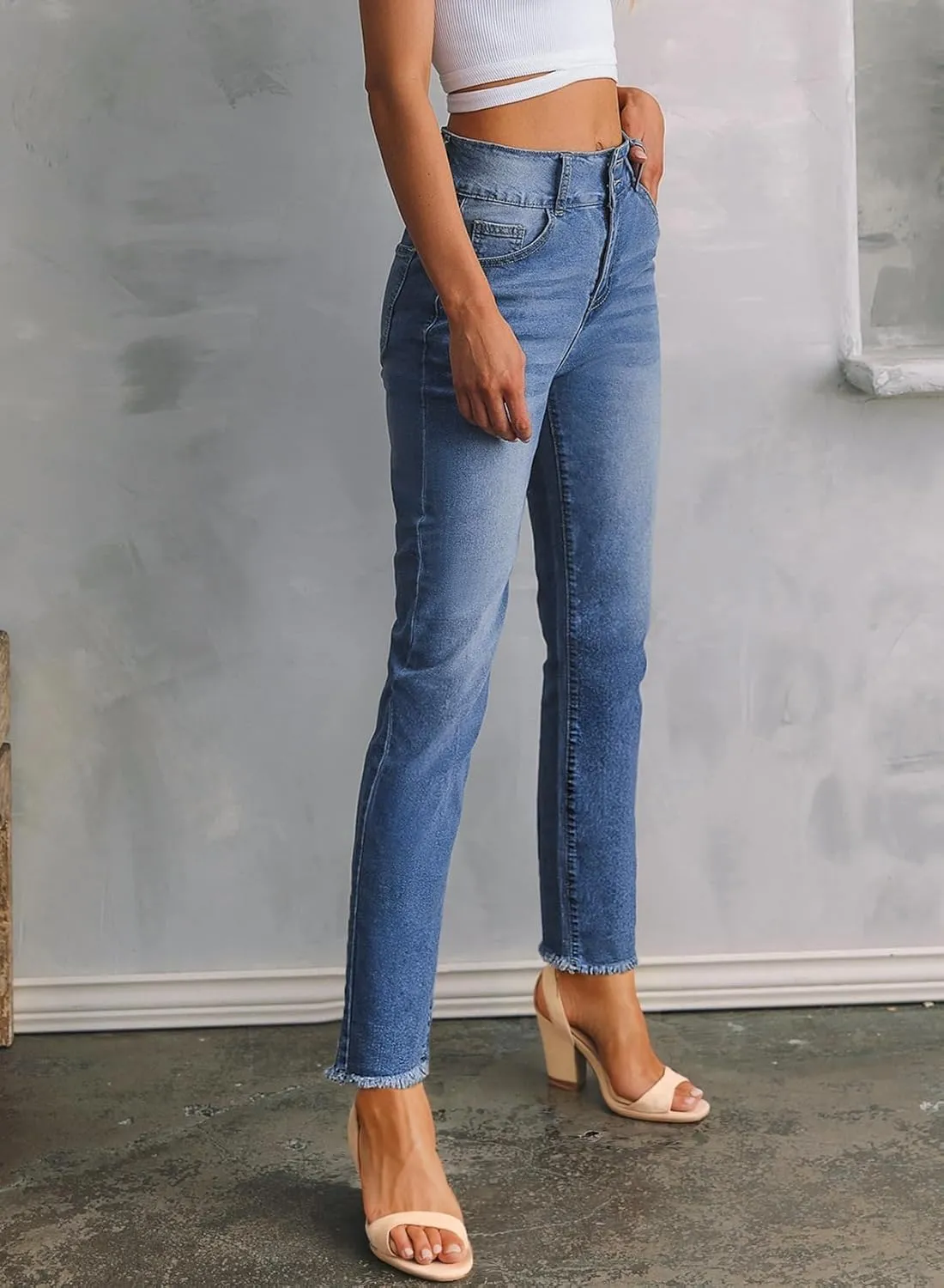 Sidefeel Womens Jeans High Waisted Strechy Raw Hem Straight Leg Denim Pants with Pockets