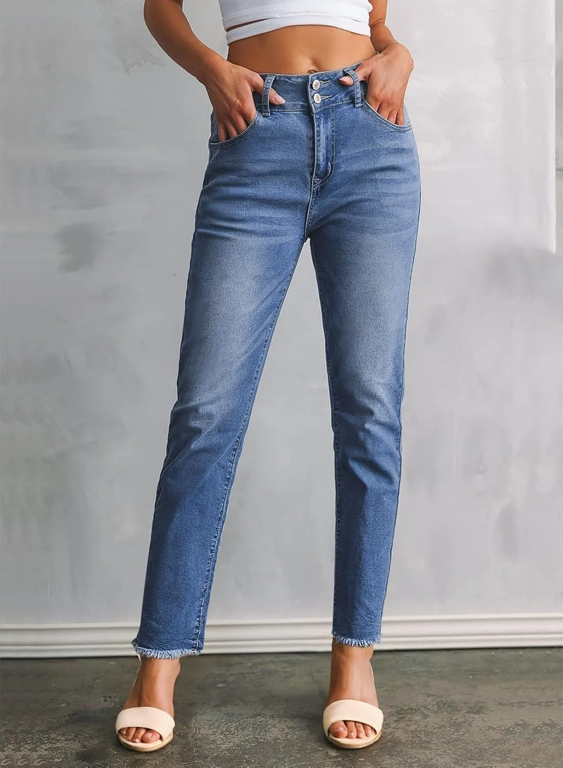 Sidefeel Womens Jeans High Waisted Strechy Raw Hem Straight Leg Denim Pants with Pockets