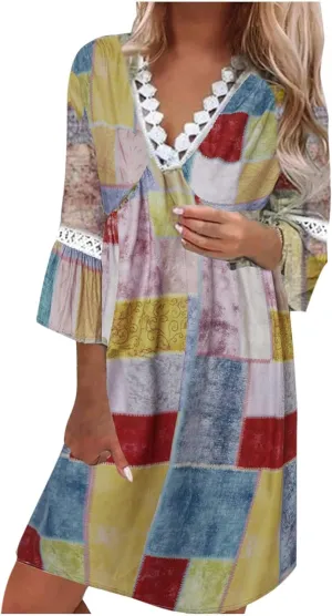SMIDOW New Spring and Summer Dresses for Women 2023 Trendy Boho Lace Crochet v Neck Tshirt Dress Casual Beach Loose Sundress