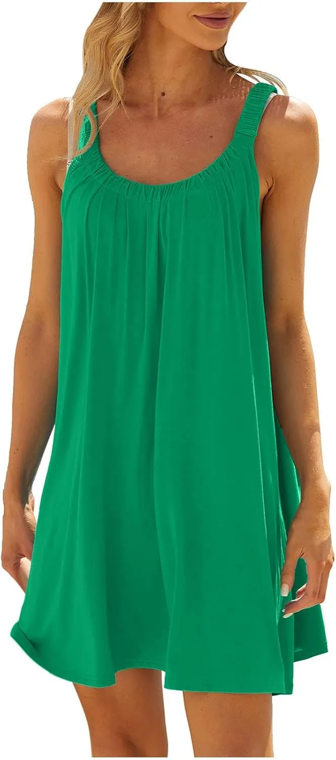 SMIDOW Sun Dresses for Women 2023 Beach Casual Summer Sleeveless Tshirt Dress Solid Swing Bikini Beachwear Cover Up