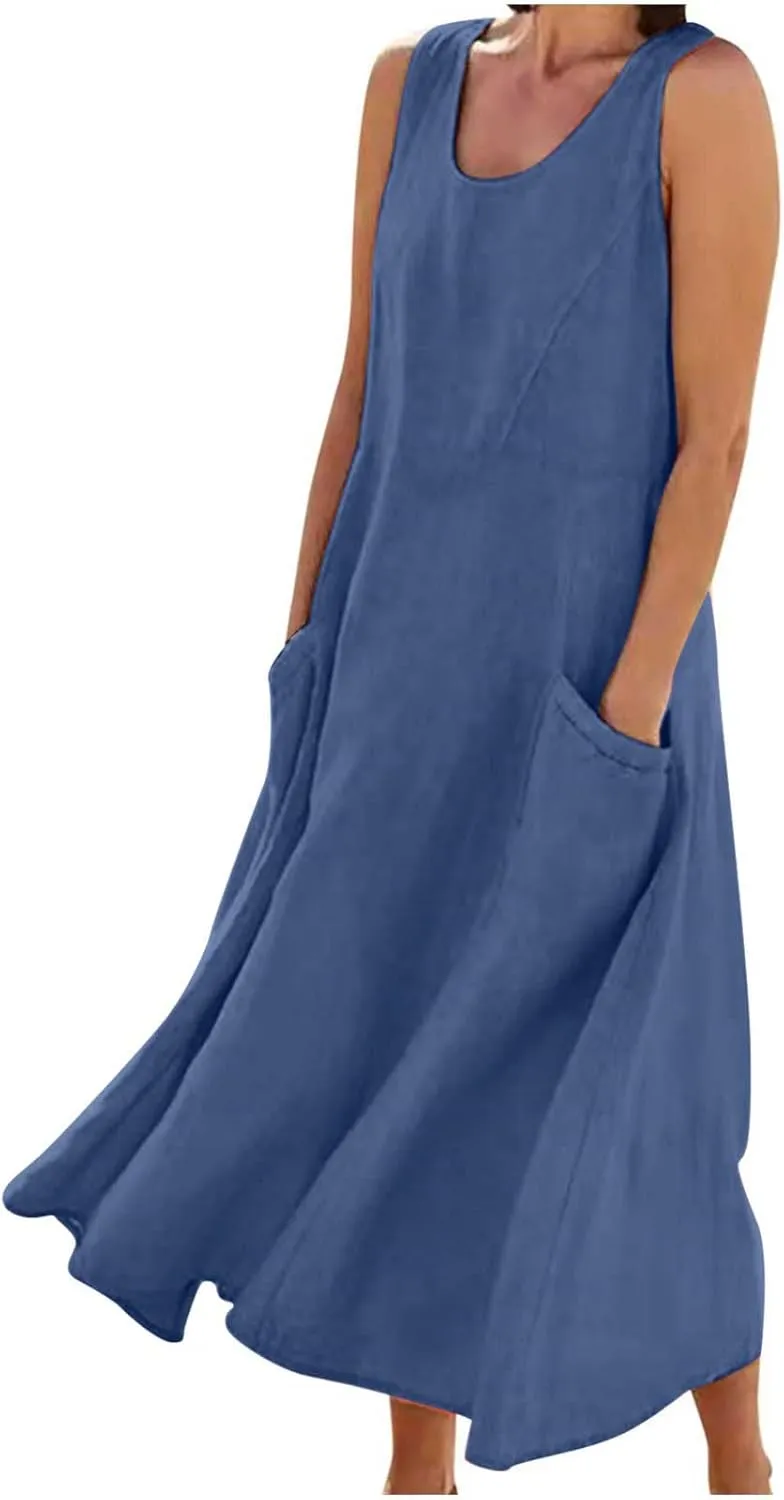 SMIDOW Womens Cotton Linene Beach Sun Dress Casual Loose Flowy Maxi Long Dresses Sexy Sleeveless Comfy Sundress Summer 2023