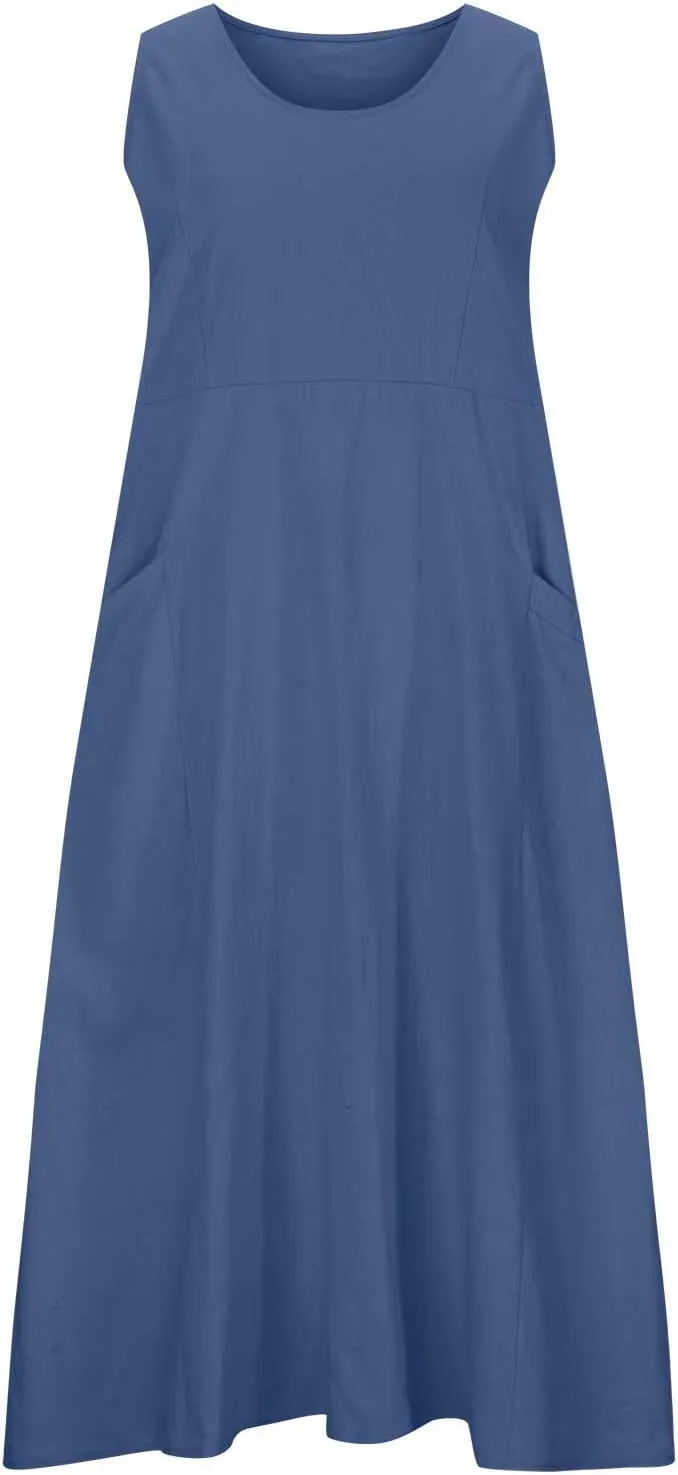 SMIDOW Womens Cotton Linene Beach Sun Dress Casual Loose Flowy Maxi Long Dresses Sexy Sleeveless Comfy Sundress Summer 2023