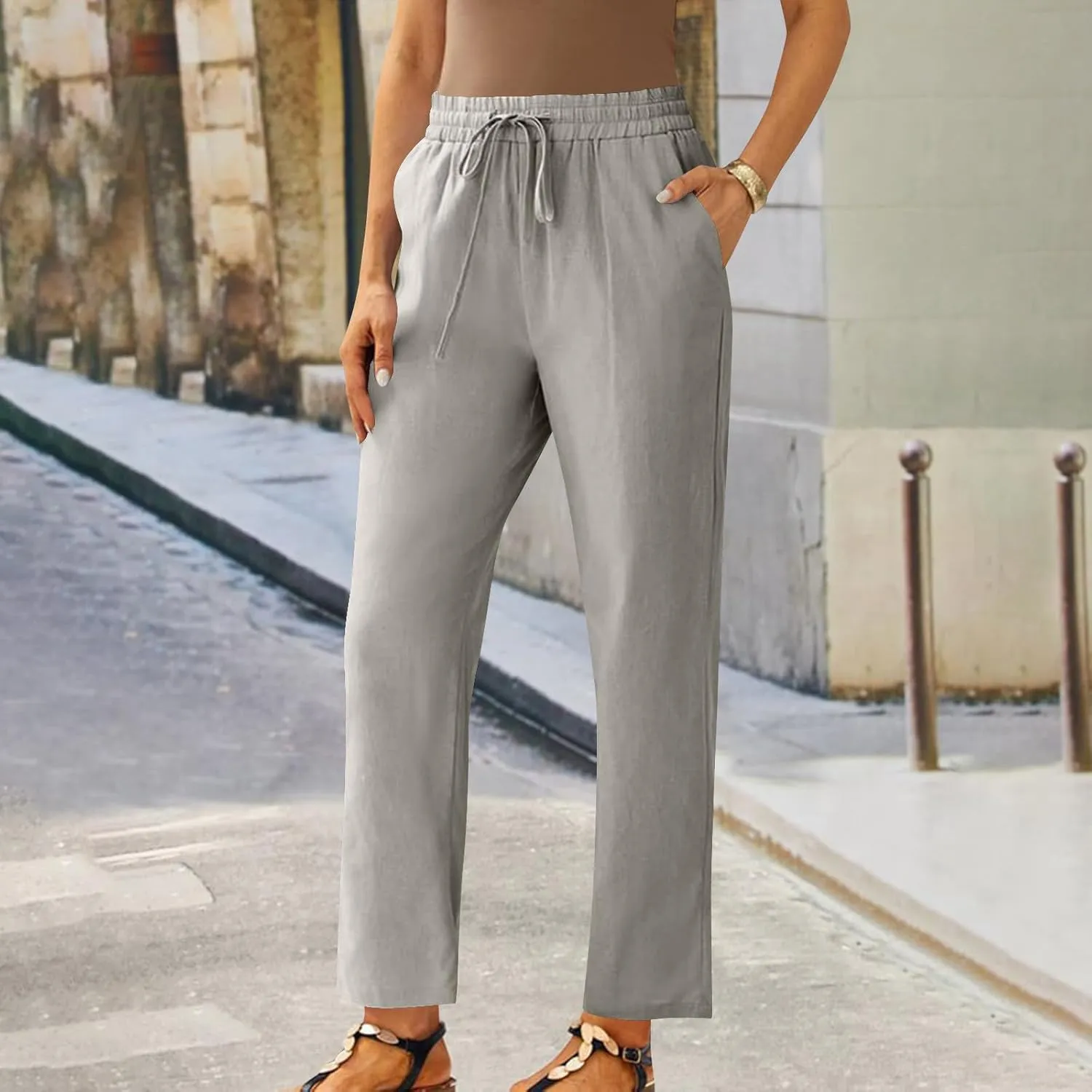 Straight Leg Linen Pants for Women Soft Casual Drawstring Tie Elastic Waist Loose Pant Pocketed Summer Beach Trouser