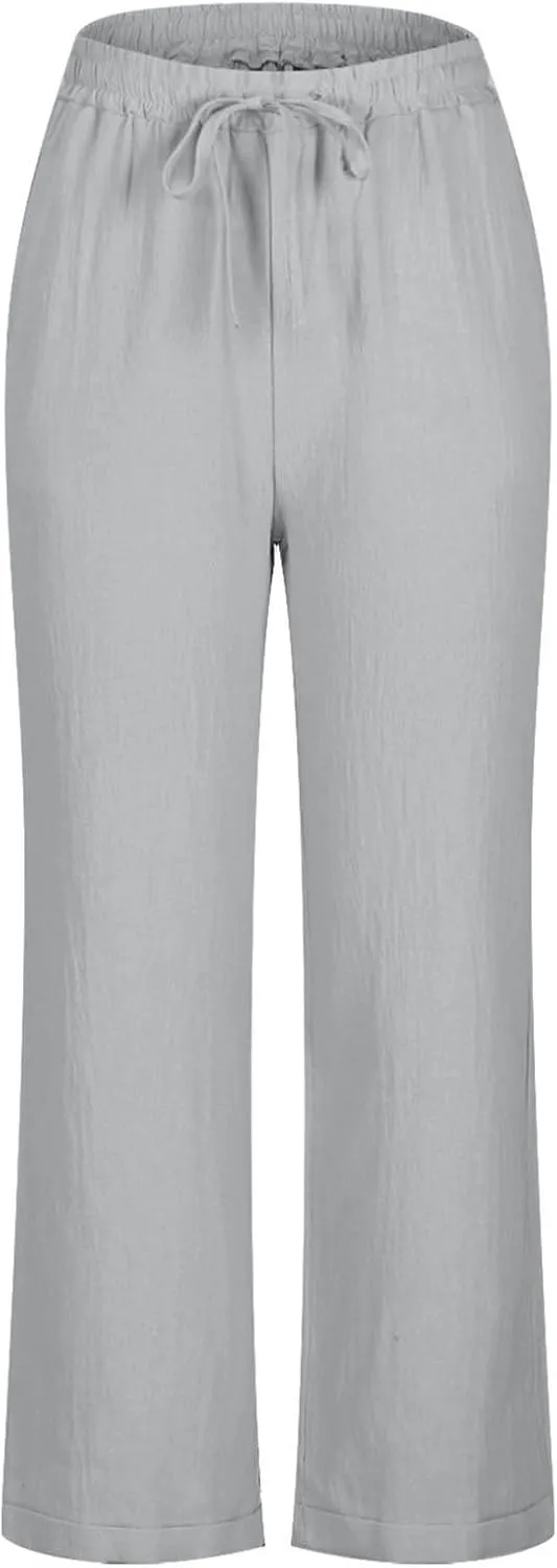Straight Leg Linen Pants for Women Soft Casual Drawstring Tie Elastic Waist Loose Pant Pocketed Summer Beach Trouser