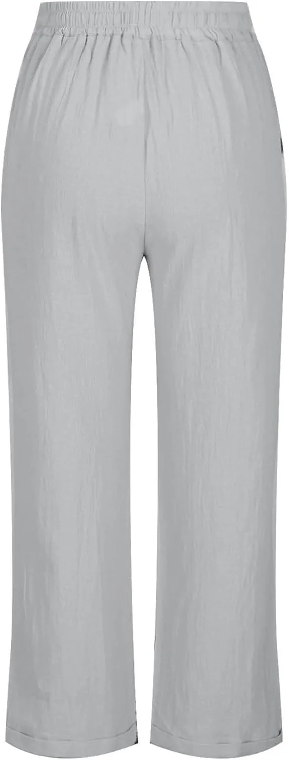 Straight Leg Linen Pants for Women Soft Casual Drawstring Tie Elastic Waist Loose Pant Pocketed Summer Beach Trouser