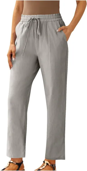 Straight Leg Linen Pants for Women Soft Casual Drawstring Tie Elastic Waist Loose Pant Pocketed Summer Beach Trouser