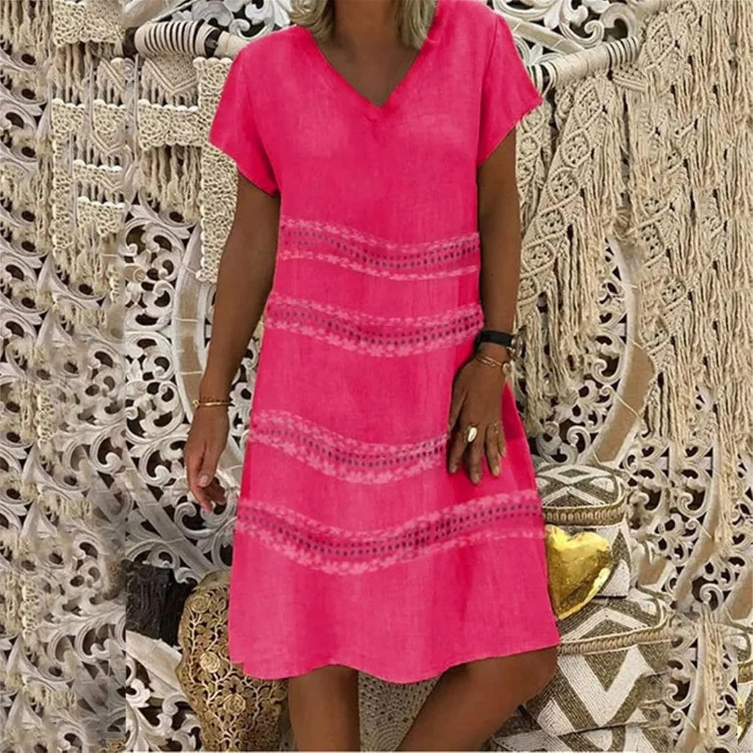 Summer Dress for Women Short Sleeve V-Neck Casual Midi Sundresses Loose Fit t-Shirt Flowy Beach Vacation Dresses