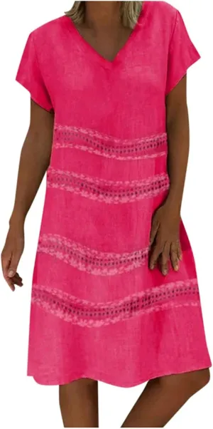 Summer Dress for Women Short Sleeve V-Neck Casual Midi Sundresses Loose Fit t-Shirt Flowy Beach Vacation Dresses