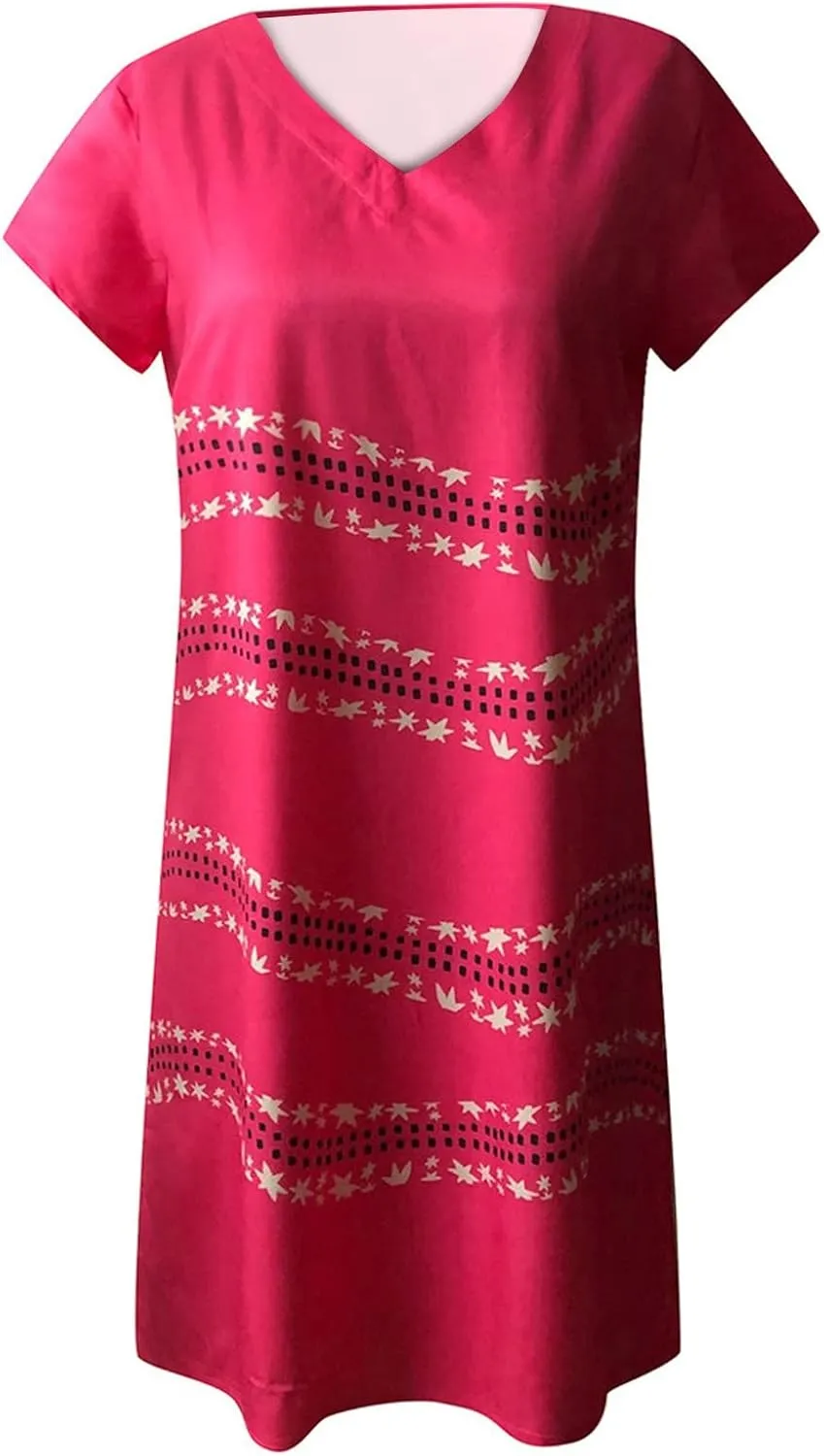 Summer Dress for Women Short Sleeve V-Neck Casual Midi Sundresses Loose Fit t-Shirt Flowy Beach Vacation Dresses