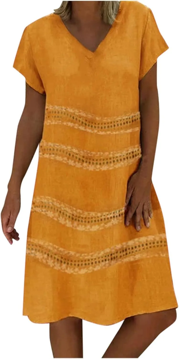 Summer Dress for Women Short Sleeve V-Neck Casual Midi Sundresses Loose Fit t-Shirt Flowy Beach Vacation Dresses