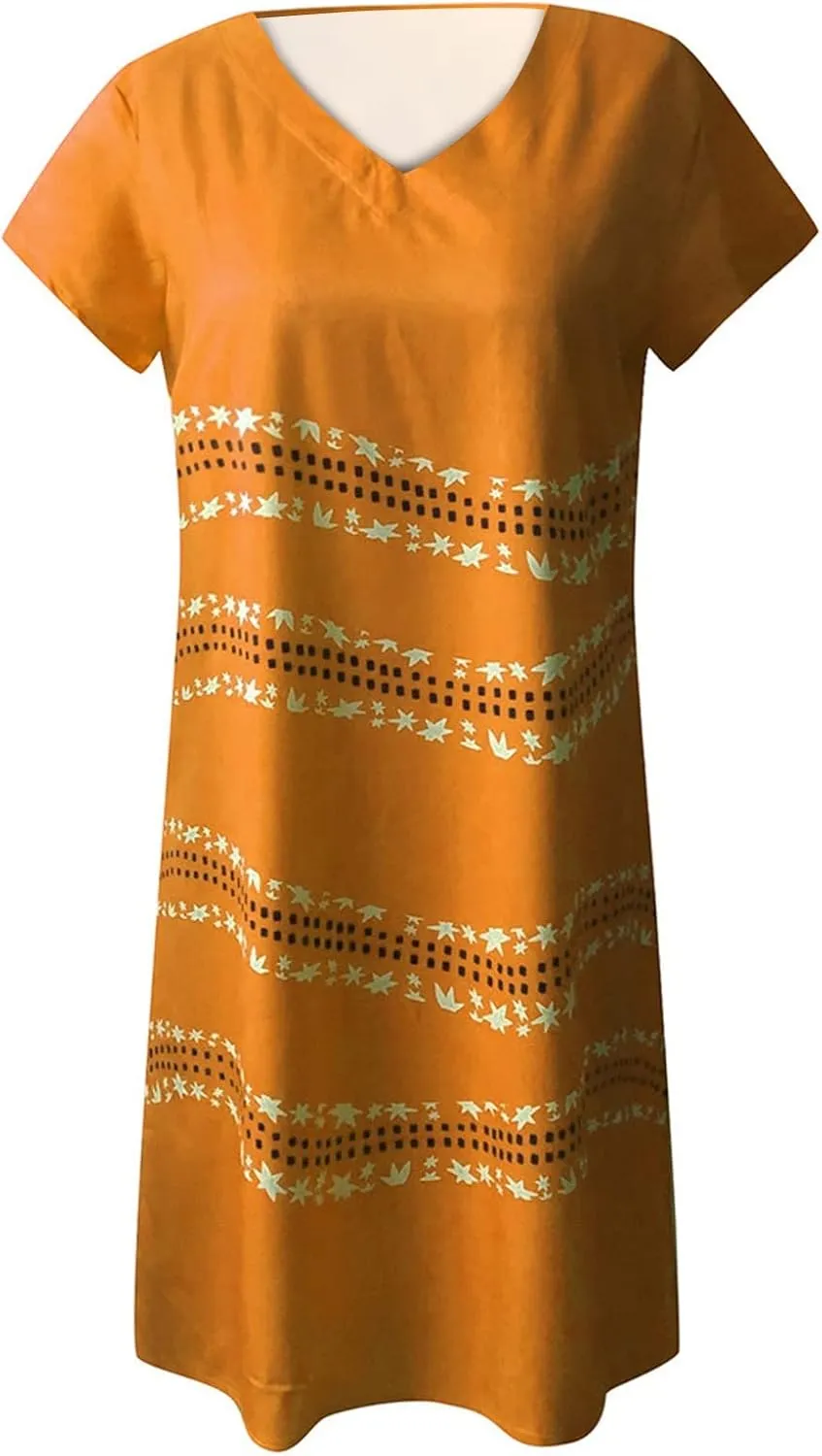 Summer Dress for Women Short Sleeve V-Neck Casual Midi Sundresses Loose Fit t-Shirt Flowy Beach Vacation Dresses