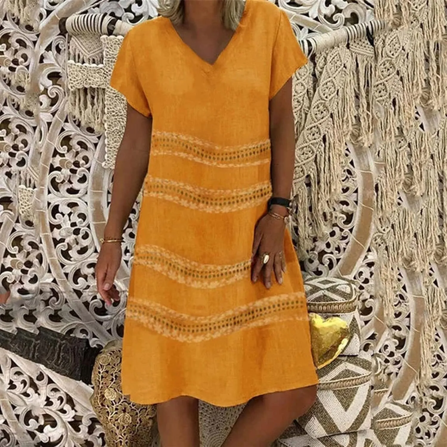 Summer Dress for Women Short Sleeve V-Neck Casual Midi Sundresses Loose Fit t-Shirt Flowy Beach Vacation Dresses
