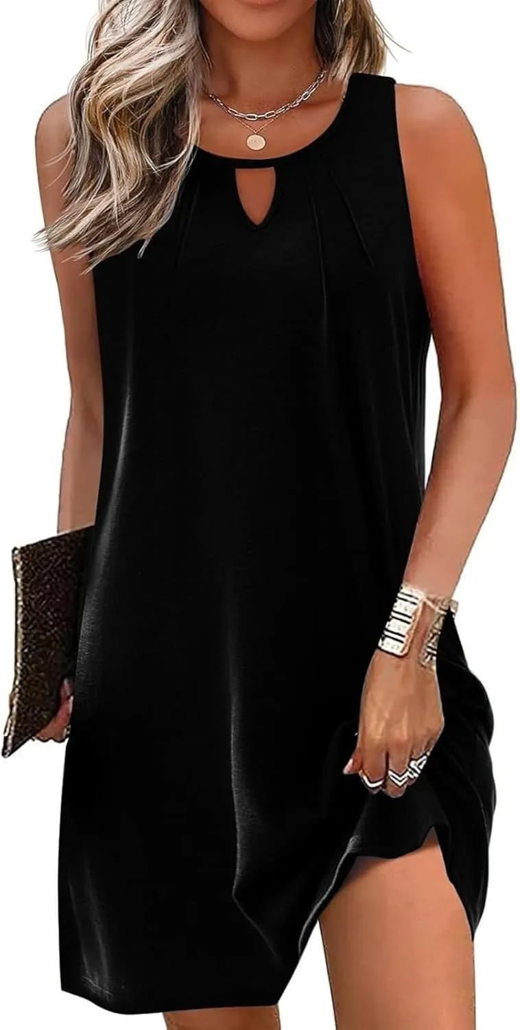 Summer Dresses for Women 2025 Keyhole Neck Casual Dress Sleeveless Pleated Mini Dress Beach Vacation Flowy Dresses
