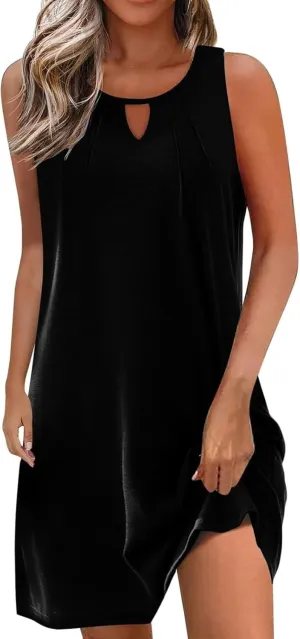 Summer Dresses for Women 2025 Keyhole Neck Casual Dress Sleeveless Pleated Mini Dress Beach Vacation Flowy Dresses