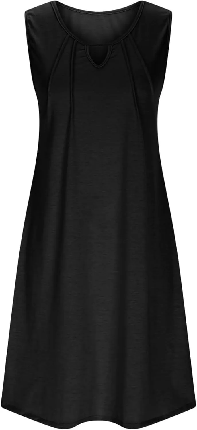 Summer Dresses for Women 2025 Keyhole Neck Casual Dress Sleeveless Pleated Mini Dress Beach Vacation Flowy Dresses
