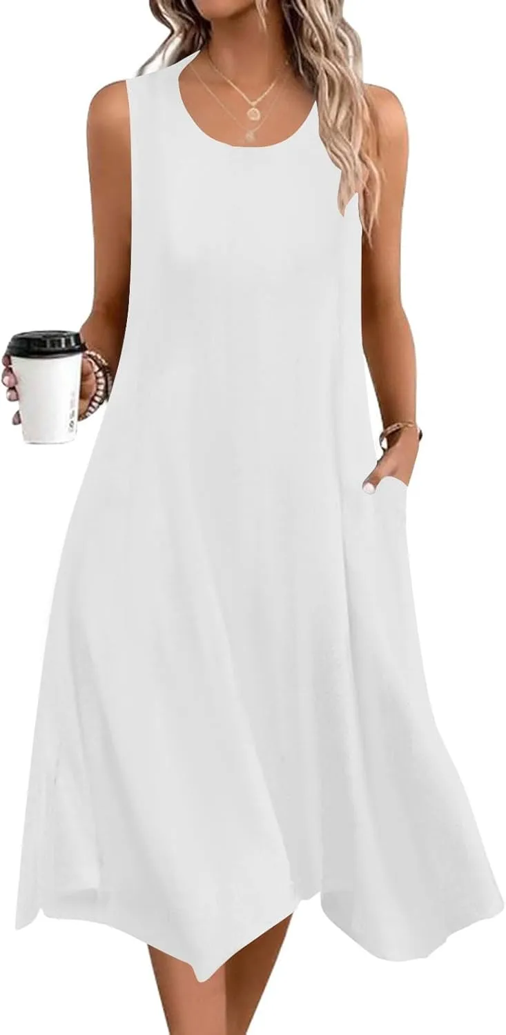 Summer Dresses for Women 2025 Sleeveless Crewneck Casual Midi Tank Dress Loose Flowy Beach Sundress with Pockets