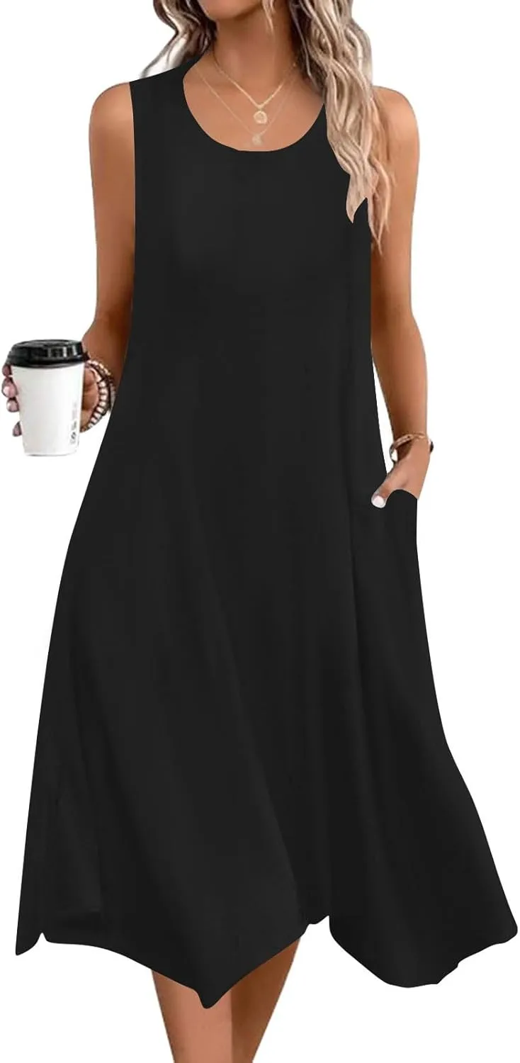 Summer Dresses for Women 2025 Sleeveless Crewneck Casual Midi Tank Dress Loose Flowy Beach Sundress with Pockets