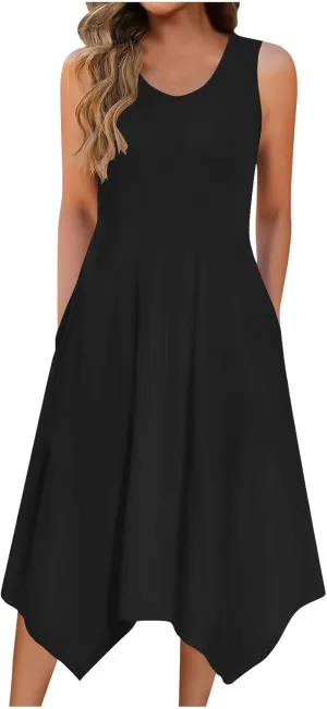 Summer Dresses for Women 2025 Sleeveless Crewneck Casual Midi Tank Dress Loose Flowy Beach Sundress with Pockets