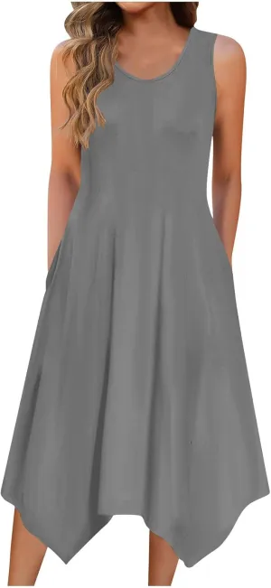 Summer Dresses for Women 2025 Sleeveless Crewneck Casual Midi Tank Dress Loose Flowy Beach Sundress with Pockets