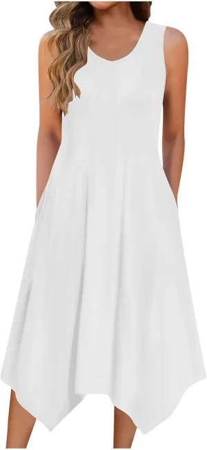 Summer Dresses for Women 2025 Sleeveless Crewneck Casual Midi Tank Dress Loose Flowy Beach Sundress with Pockets