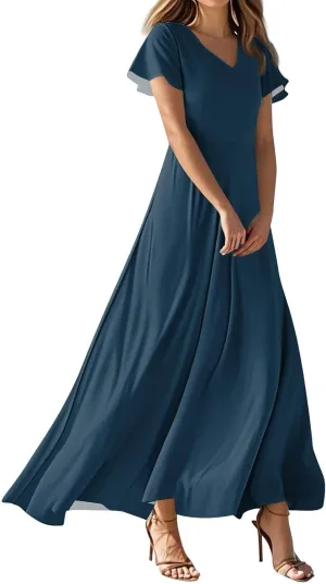 Summer Dresses for Women 2025 Trendy Dressy Casual Boho Floral Flowy Ruffle V Neck Short Sleeve Maxi Dress