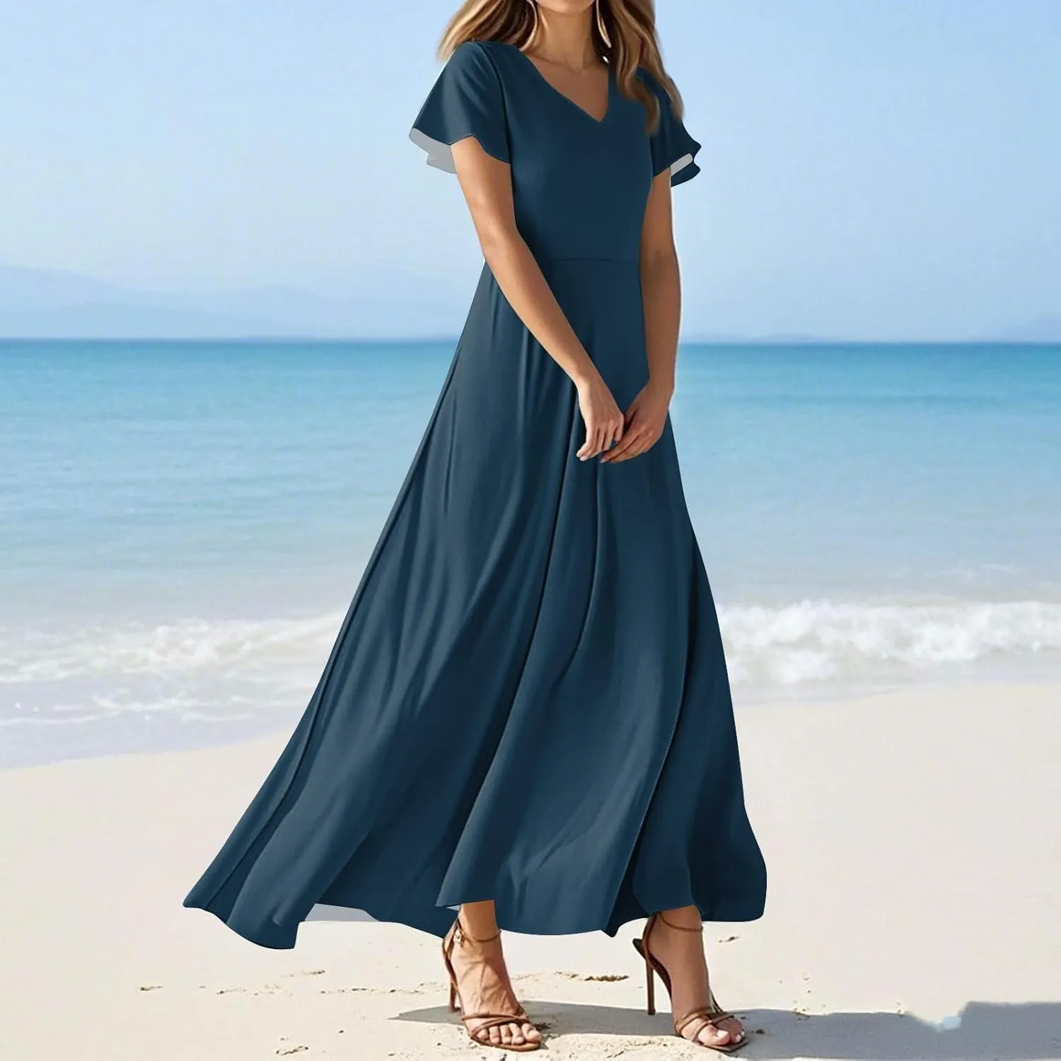 Summer Dresses for Women 2025 Trendy Dressy Casual Boho Floral Flowy Ruffle V Neck Short Sleeve Maxi Dress