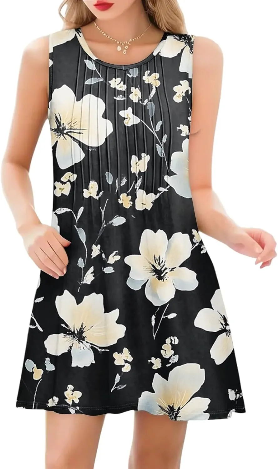 Summer Dresses for Women Casual Sundress Floral Printed Pleated Mini Dress with Pocket Beach Cover Up Swimsuits