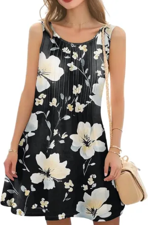 Summer Dresses for Women Casual Sundress Floral Printed Pleated Mini Dress with Pocket Beach Cover Up Swimsuits