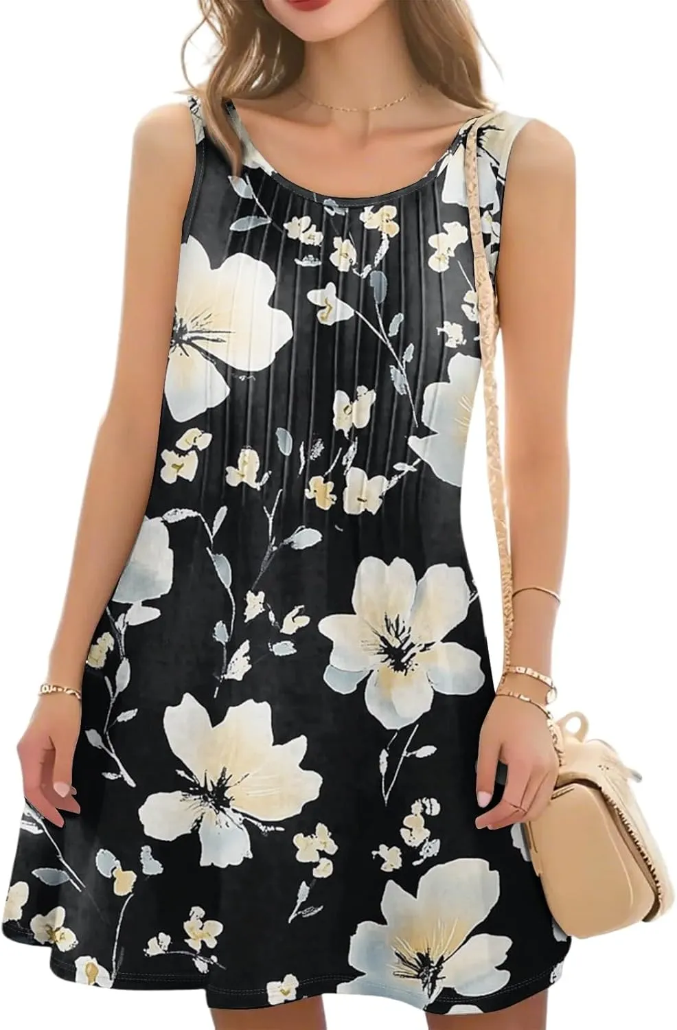 Summer Dresses for Women Casual Sundress Floral Printed Pleated Mini Dress with Pocket Beach Cover Up Swimsuits