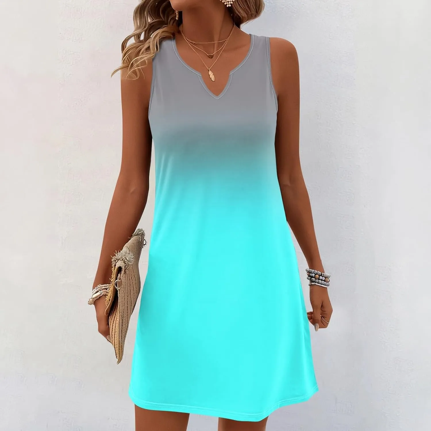 Summer Dresses for Women V-Neck Sundresses Sleeveless Loose Sleep Dress Beach Tank Dress Printed Casual T Shirt Dresses