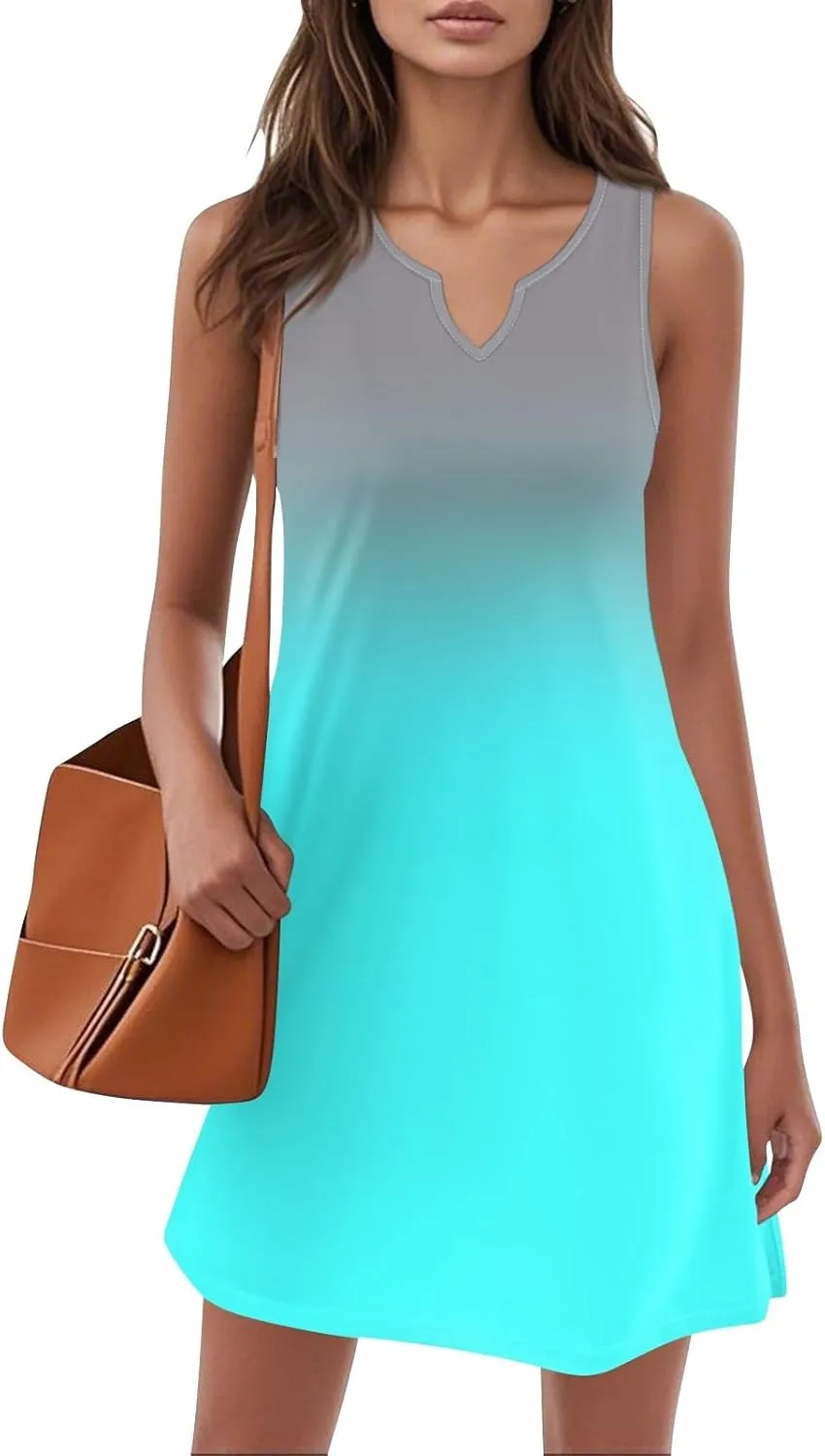 Summer Dresses for Women V-Neck Sundresses Sleeveless Loose Sleep Dress Beach Tank Dress Printed Casual T Shirt Dresses