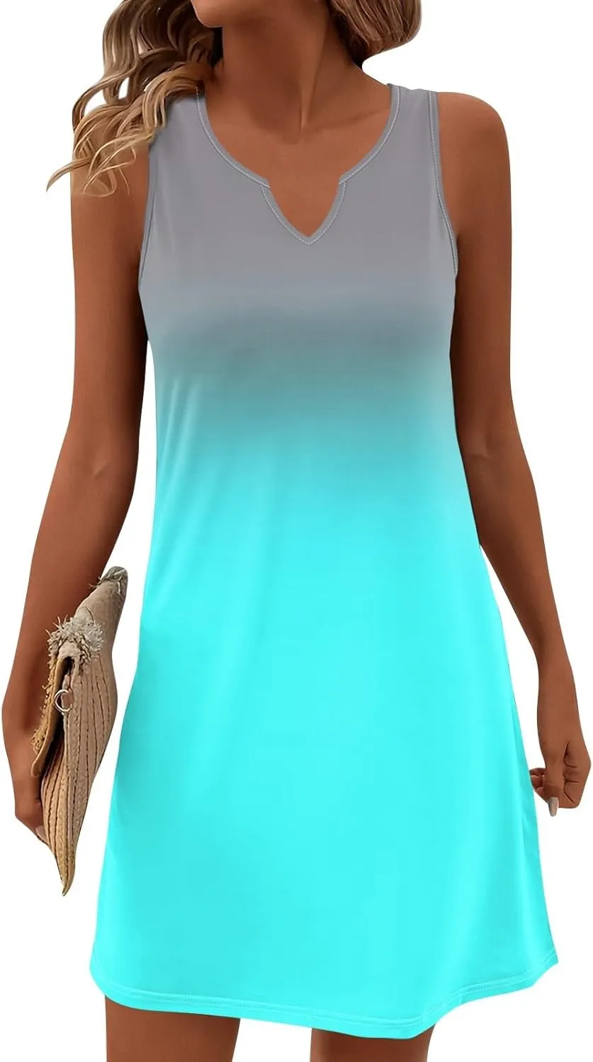 Summer Dresses for Women V-Neck Sundresses Sleeveless Loose Sleep Dress Beach Tank Dress Printed Casual T Shirt Dresses