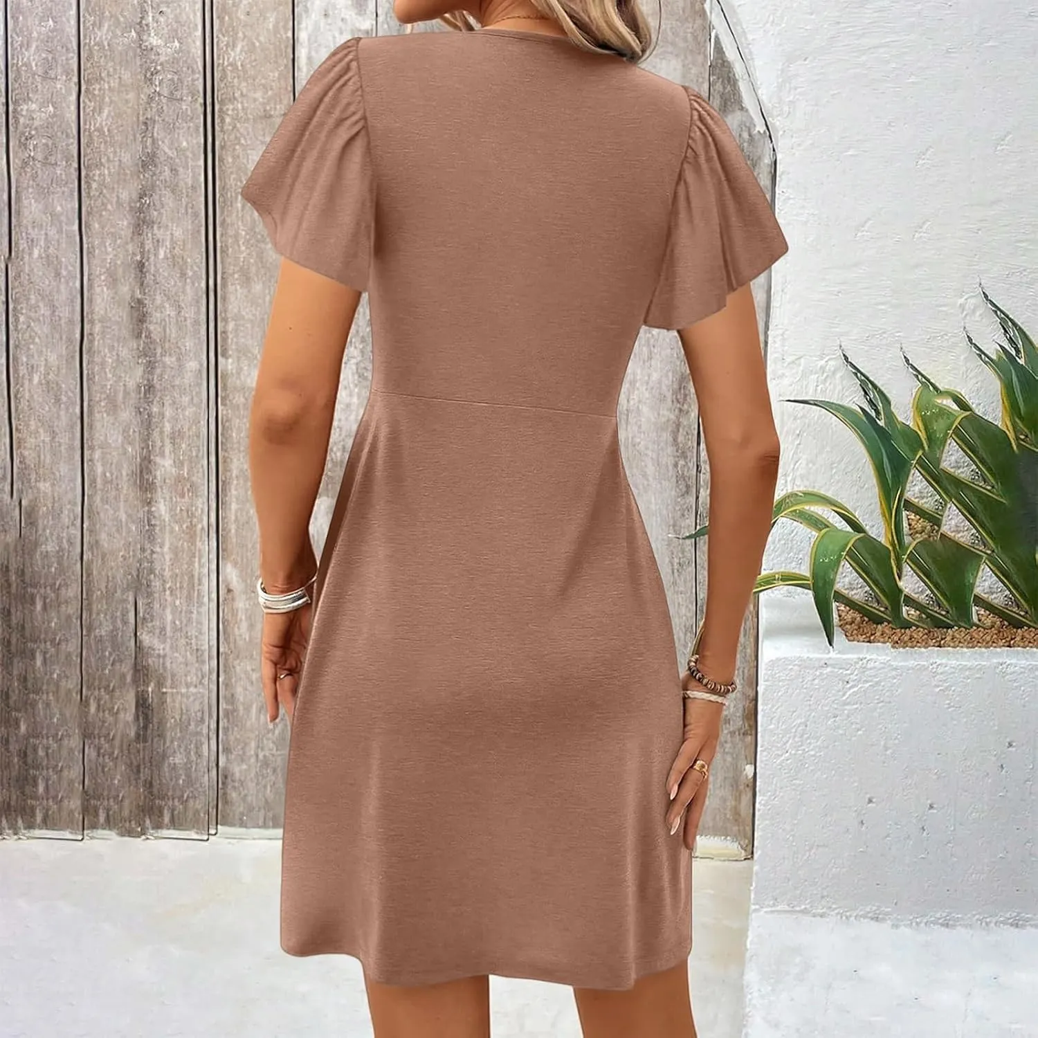 Summer Midi Dresses for Women Twist Front V Neck Short Sleeve Sundress Trendy Flowy Dress Boho Beach Vacation Outfits