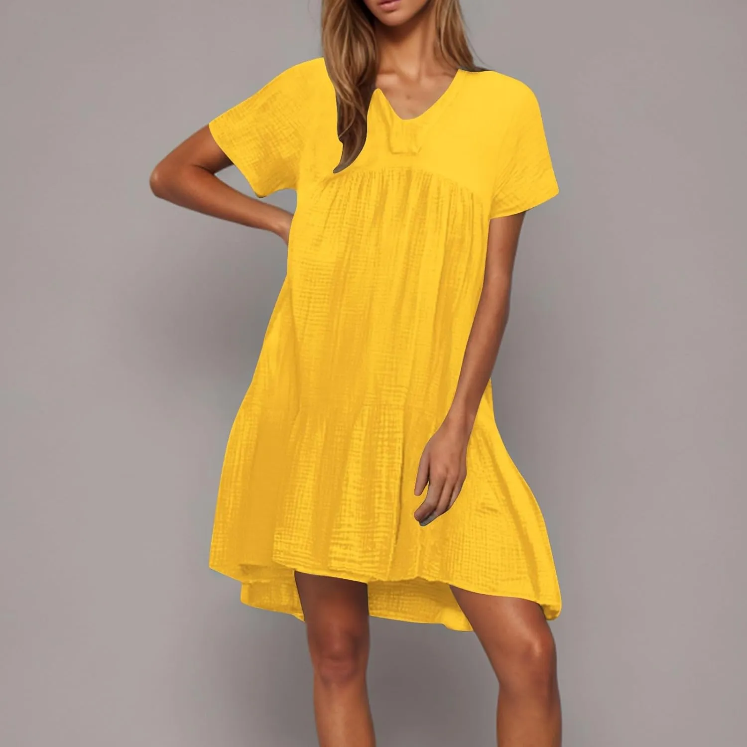 Summer Mini Dress for Women Wedding Guest Dresses Short Sleeve V Neck Beach Vacation Patchwork Sundress with Pockets