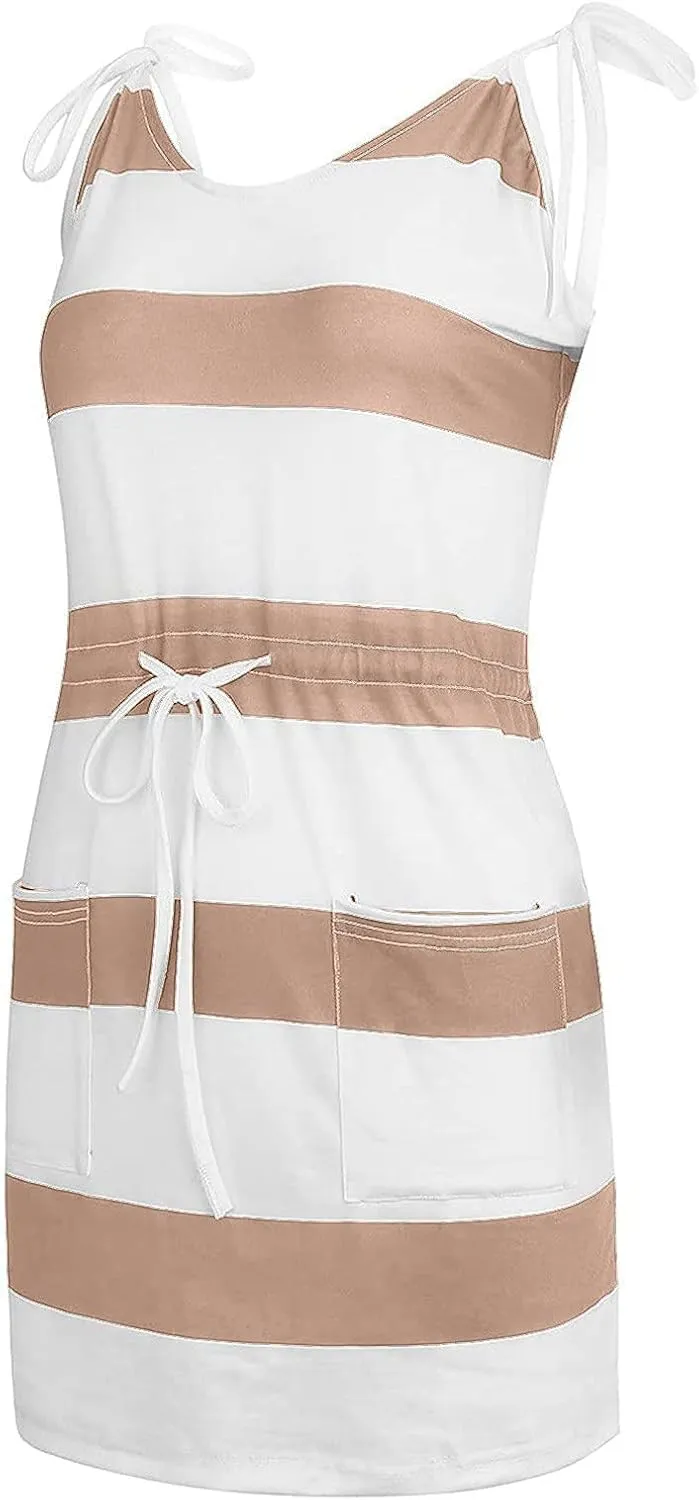 Summer Sundresses Halter Vacation Women Summer Casual Striped Dress Sleeveless Halter Strap Flowy Boho with Pockets
