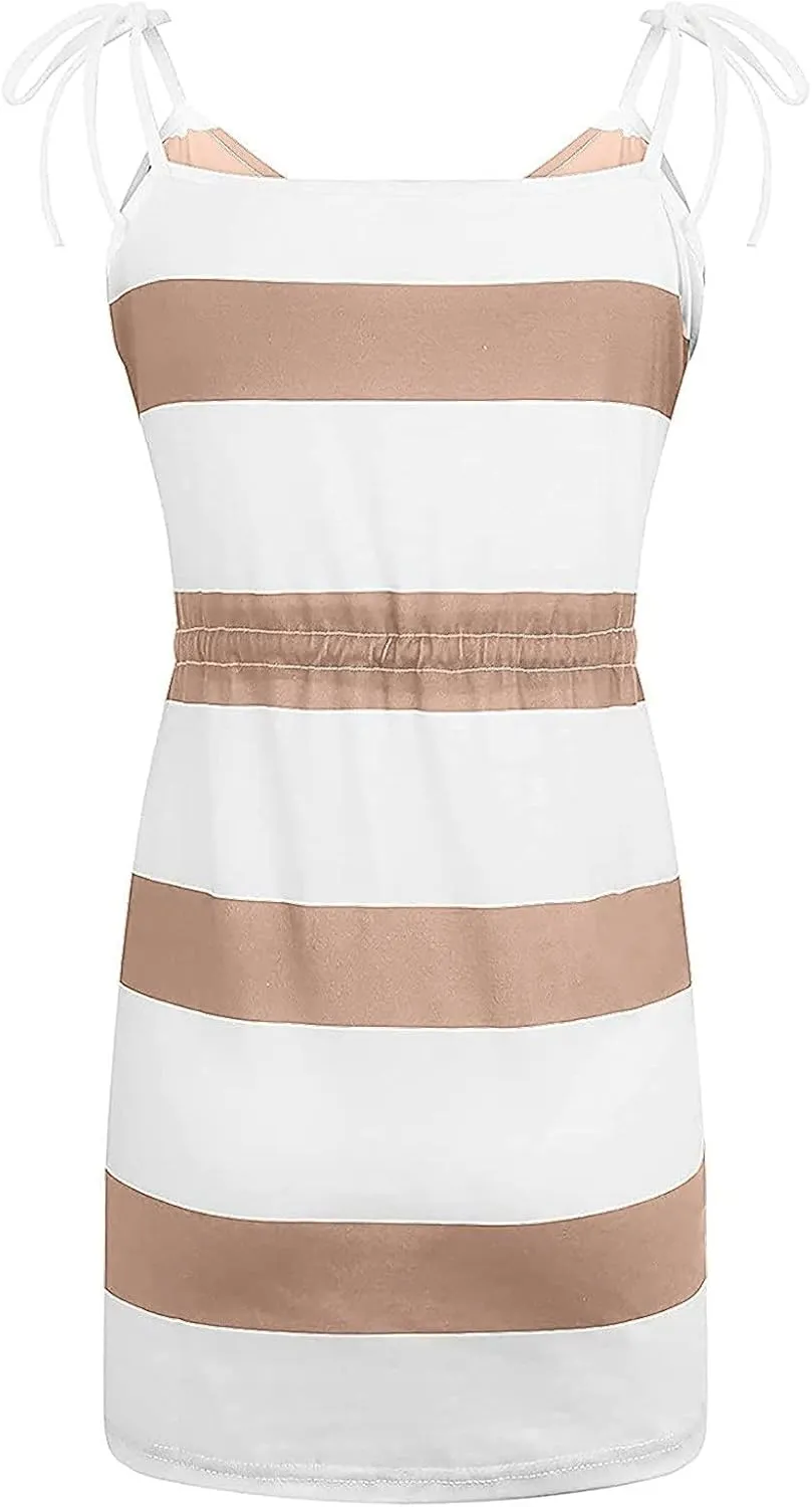 Summer Sundresses Halter Vacation Women Summer Casual Striped Dress Sleeveless Halter Strap Flowy Boho with Pockets