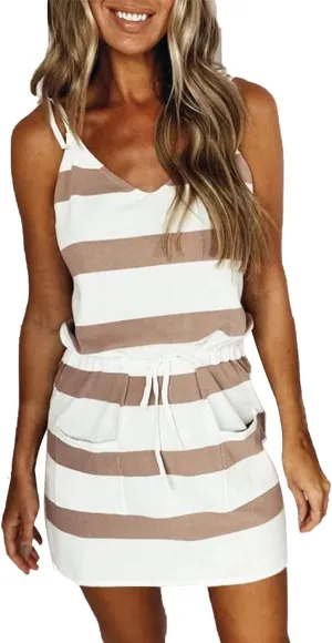 Summer Sundresses Halter Vacation Women Summer Casual Striped Dress Sleeveless Halter Strap Flowy Boho with Pockets