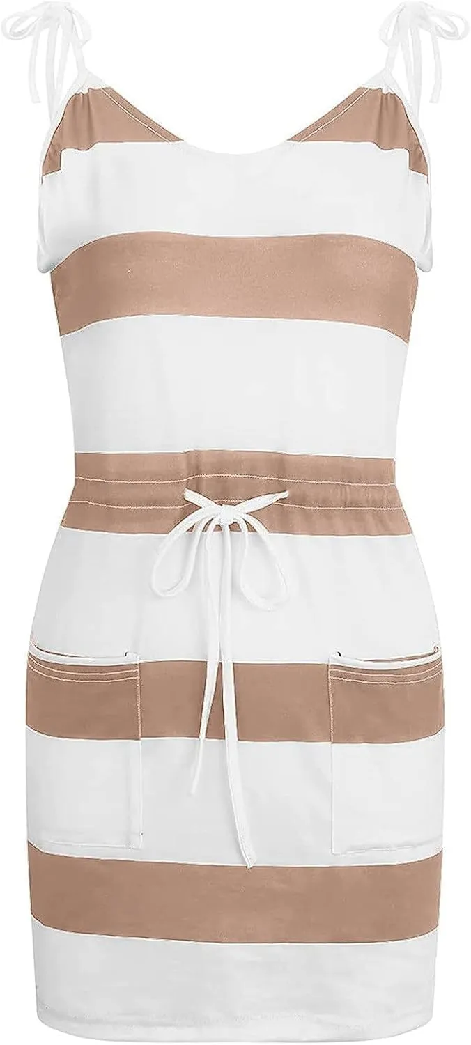 Summer Sundresses Halter Vacation Women Summer Casual Striped Dress Sleeveless Halter Strap Flowy Boho with Pockets