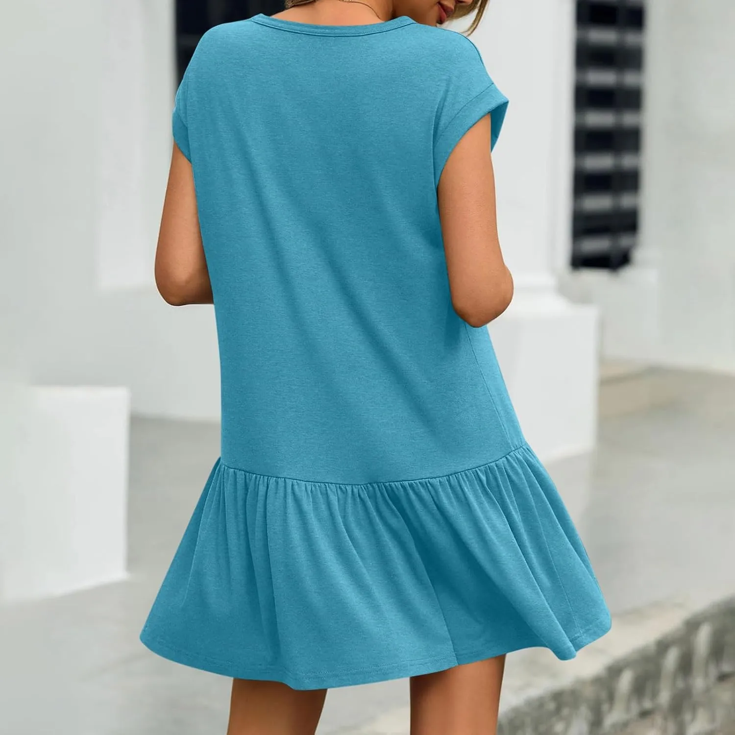 Summer T Shirt Dress for Women Casual Cap Sleeve Ruffle Hem Crewneck Loose Mini Dresses 2025 Trendy Outfits