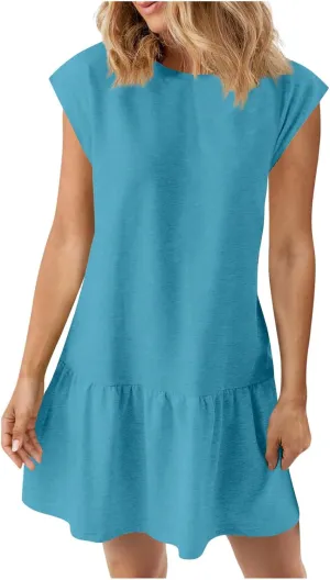 Summer T Shirt Dress for Women Casual Cap Sleeve Ruffle Hem Crewneck Loose Mini Dresses 2025 Trendy Outfits