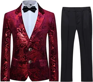 SWOTGdoby Boys Suit Formal Tuexdo Golden Jacquard Slim Fit 2 Pieces Suit Set Jacket Pants for Wedding Prom Party