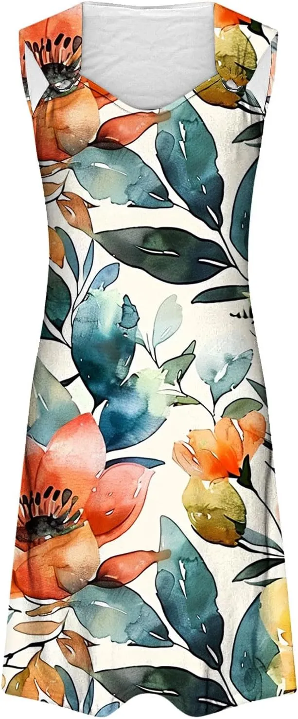 TANGNADE Summer Dresses for Women 2024 Trendy Boho Floral Print Beach Tank Dresses Casual Sleeveless Sundresses