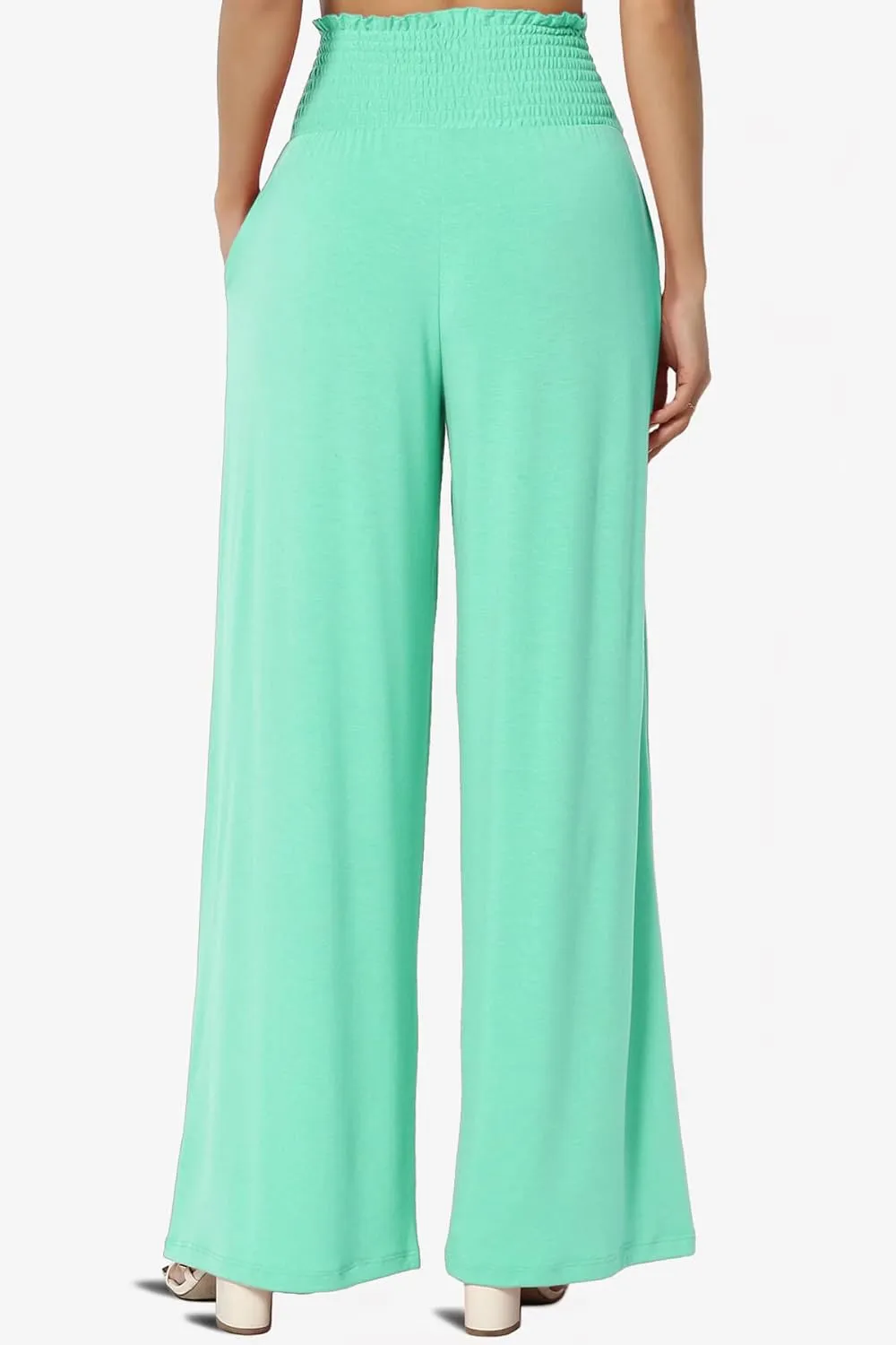 TheMogan Women's Smocked Ruffle High Waist Wide Leg Pants Casual Loose Yoga Lounge Pajama