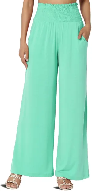 TheMogan Women's Smocked Ruffle High Waist Wide Leg Pants Casual Loose Yoga Lounge Pajama