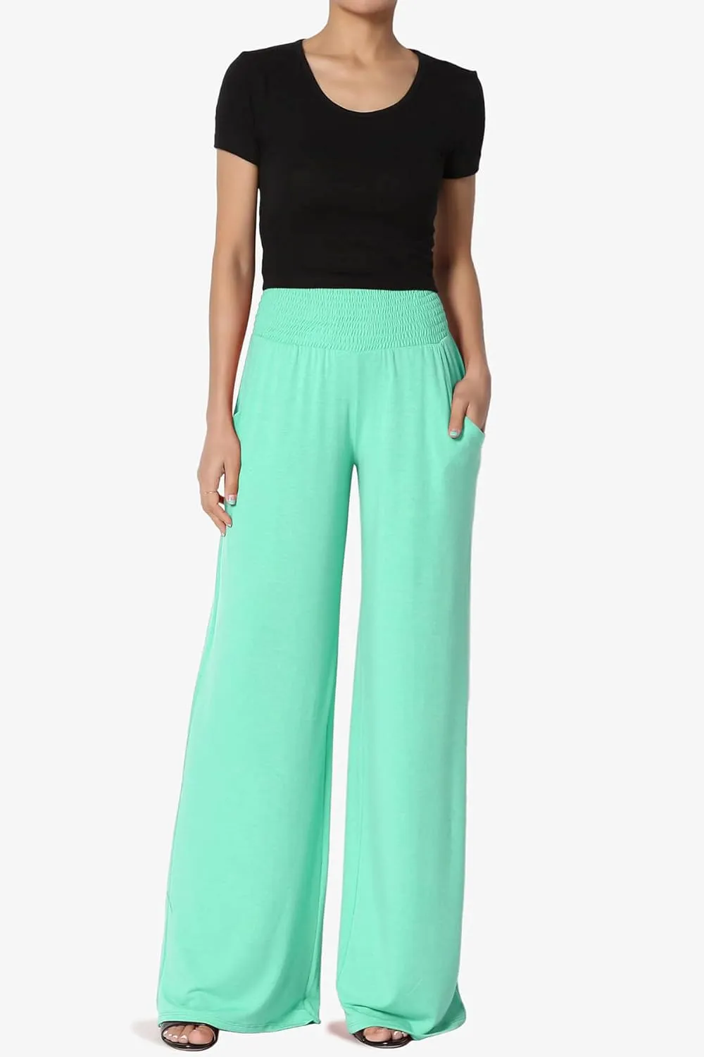 TheMogan Women's Smocked Ruffle High Waist Wide Leg Pants Casual Loose Yoga Lounge Pajama