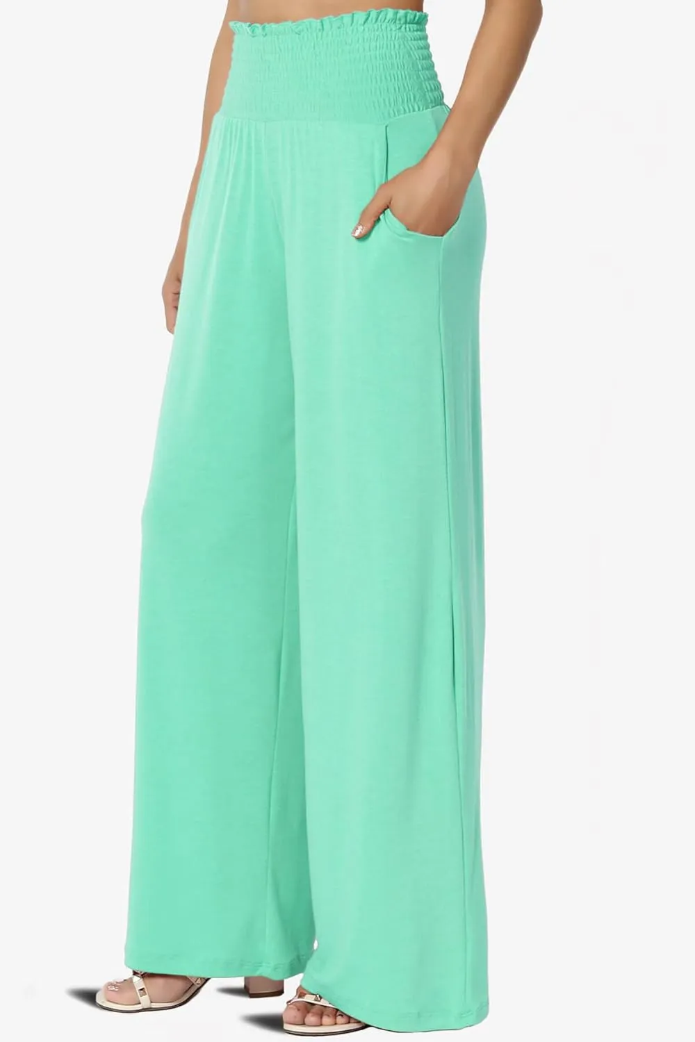 TheMogan Women's Smocked Ruffle High Waist Wide Leg Pants Casual Loose Yoga Lounge Pajama